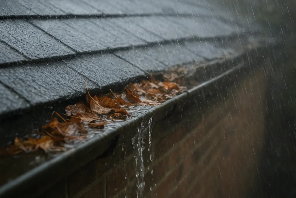 An image of a gutter overflowing. A reason why you need gutter cleaners in Manchester.